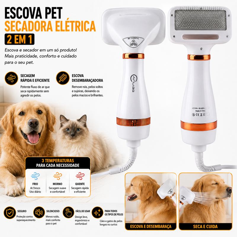 Escova Pet Secadora Elétrica 2 Em 1