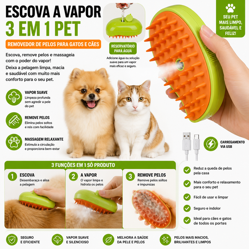 Escova A Vapor 3 Em 1 Pet Removedor Pelos Para Gatos E Cães