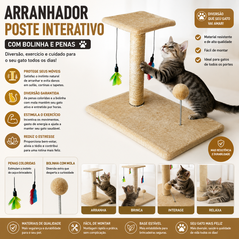 Arranhador Poste Interativo para Gatos Com Bolinha e Penas
